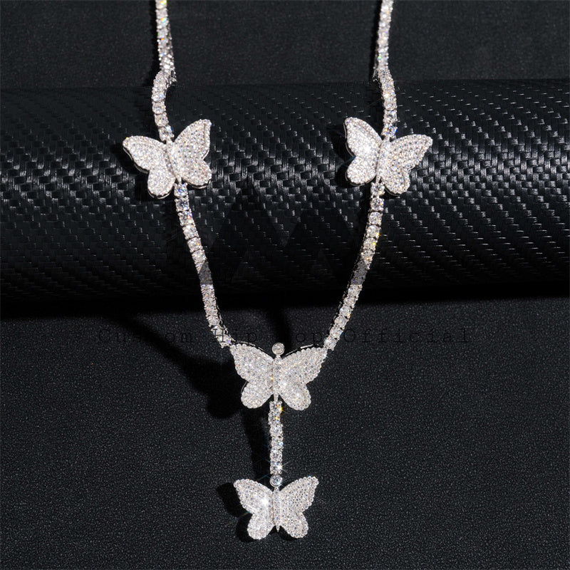 2024 new arrival iced out men's fashion 925 sterling silver butterfly charm tennis chain necklace0