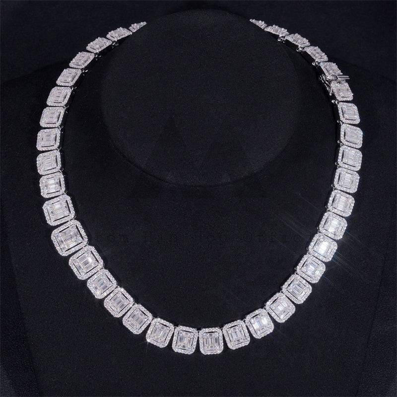 Hip hop jewelry featuring 13MM Baguette Tennis Chain Necklace with 925 Silver VVS Moissanite Diamonds