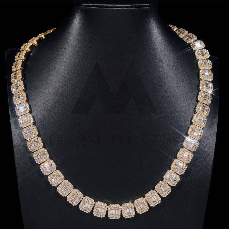 18K Gold Plated Over Sterling Silver Men 13MM Baguette Moissanite Diamond Tennis Chain Necklace