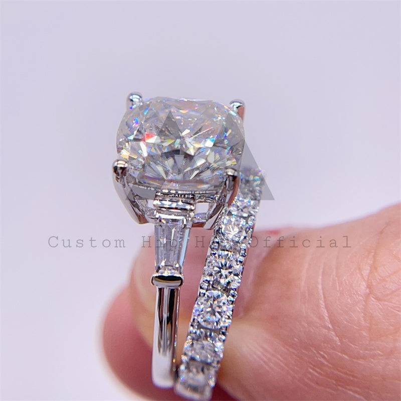 Hip hop jewelry featuring Cushion Cut Three Stone Moissanite Ring Set with 3MM Eternity Ring Band in 925 Silver, 10K, 14K, 18K White Gold3