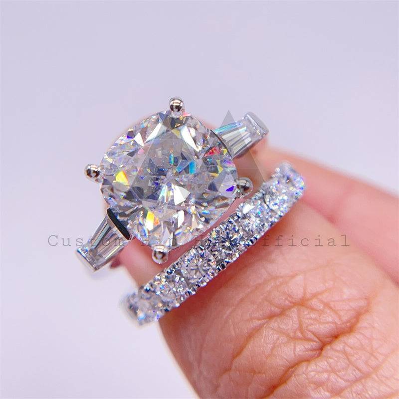 Hip hop jewelry featuring Cushion Cut Three Stone Moissanite Ring Set with 3MM Eternity Ring Band in 925 Silver, 10K, 14K, 18K White Gold2