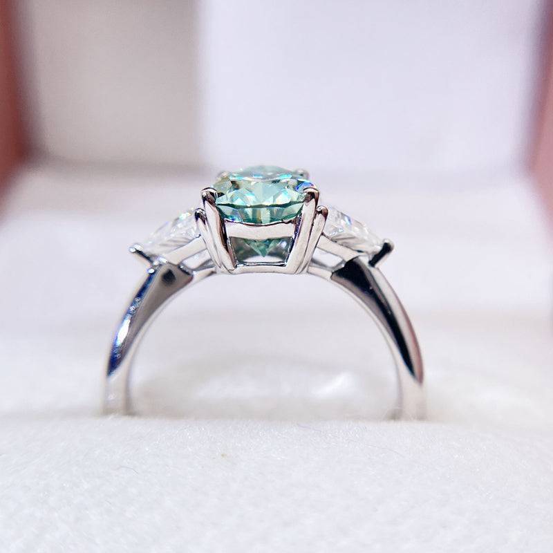 White Gold Three Stone Design Pear Cut Tiffany Blue Moissanite Ring For Women