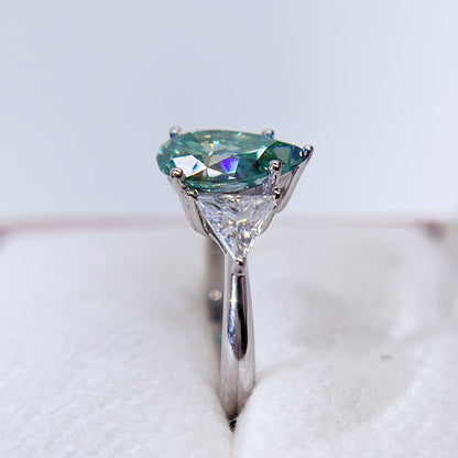 White Gold Three Stone Design Pear Cut Tiffany Blue Moissanite Ring For Women