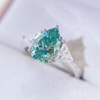 White Gold Three Stone Design Pear Cut Tiffany Blue Moissanite Ring For Women