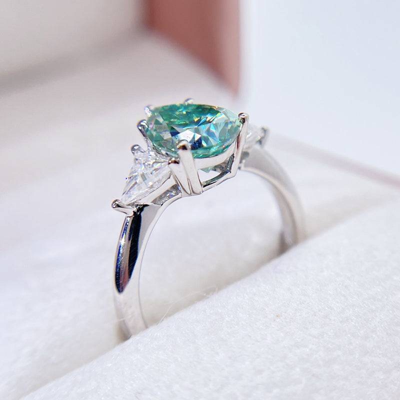 White Gold Three Stone Design Pear Cut Tiffany Blue Moissanite Ring For Women