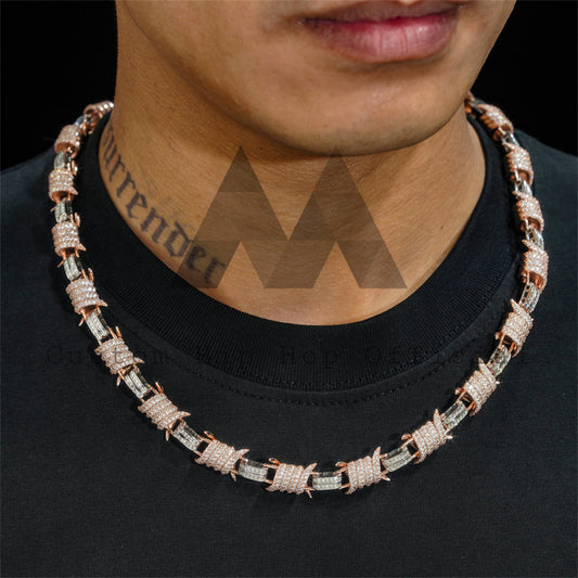 Men Fashion Rose Gold Mix White Gold 10MM Barber Wire Cuban Link Chain Moissanite Hip Hop Jewelry