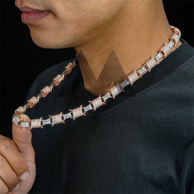 Men Fashion Rose Gold Mix White Gold 10MM Barber Wire Cuban Link Chain Moissanite Hip Hop Jewelry