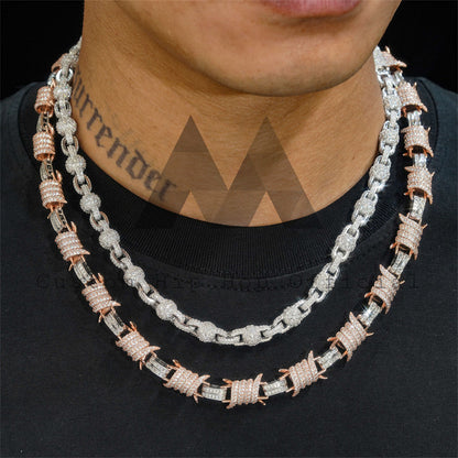 Men Fashion Rose Gold Mix White Gold 10MM Barber Wire Cuban Link Chain Moissanite Hip Hop Jewelry