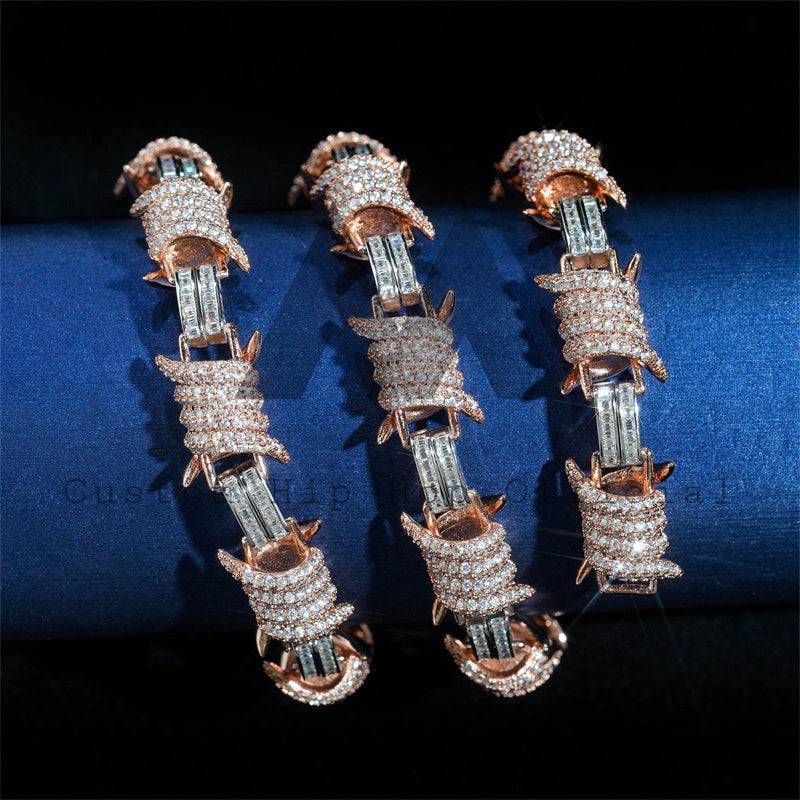 Men Fashion Rose Gold Mix White Gold 10MM Barber Wire Cuban Link Chain Moissanite Hip Hop Jewelry