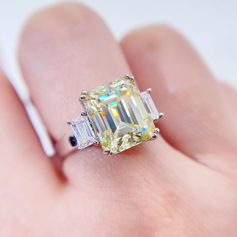 White Gold Canary Yellow Moissanite Gemstone Ring Three Stone Design For Women