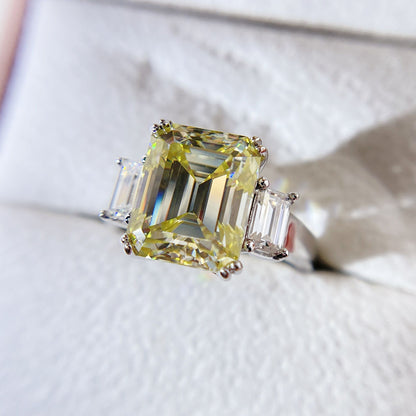 White Gold Canary Yellow Moissanite Gemstone Ring Three Stone Design For Women