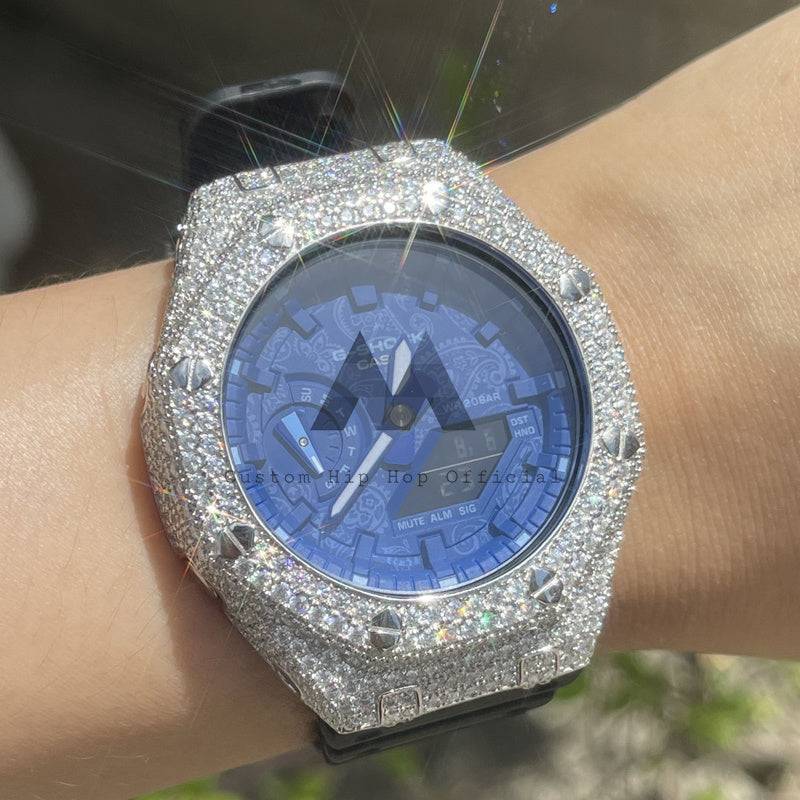 Custom made hip hop jewelry featuring iced out VVS Moissanite diamonds on a sterling silver Casio GA2100 watch0