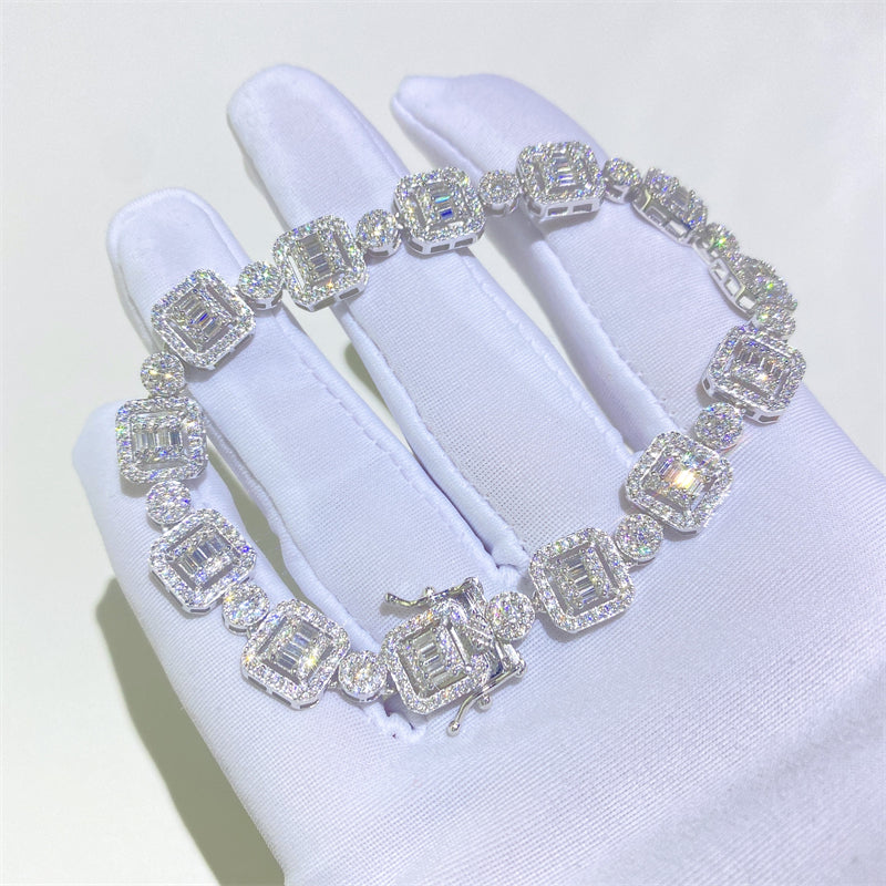 Теннисный браслет в стиле хип-хоп из стерлингового серебра с бриллиантами и багетом с муассанитом VVS