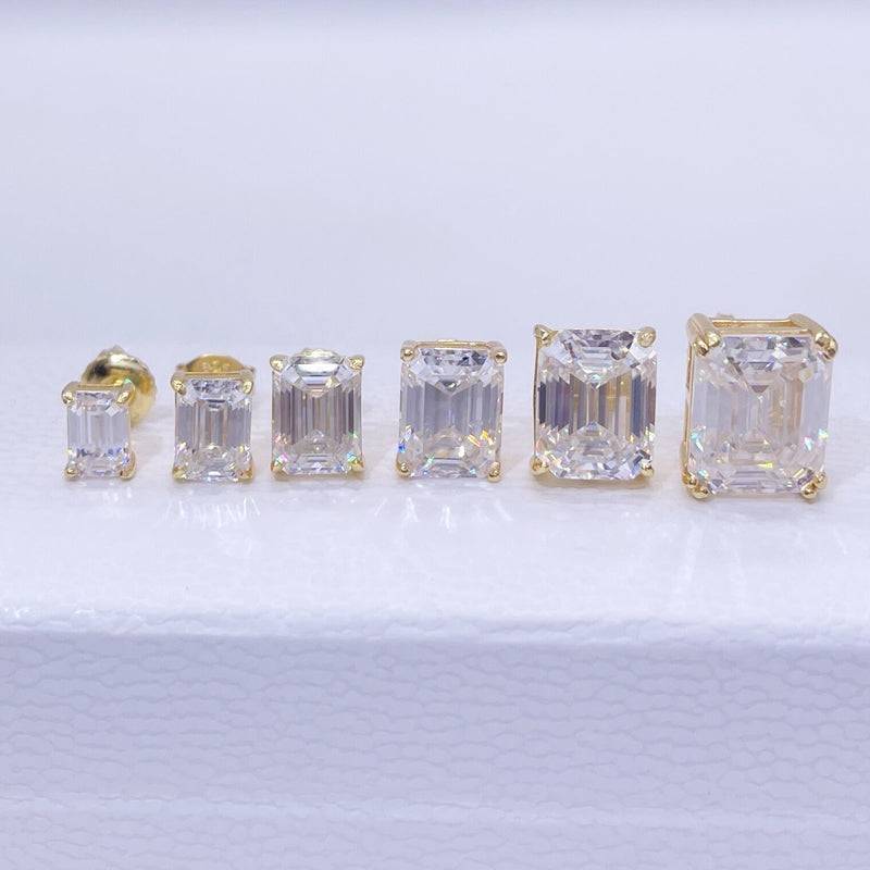 VVS Moissanite Emerald-Cut Studs Yellow Gold Hip Hop Jewelry