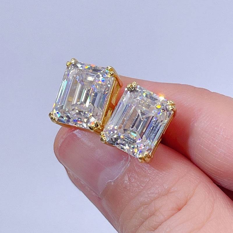 VVS Moissanite Emerald-Cut Studs Yellow Gold Hip Hop Jewelry