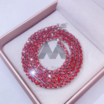 hip hop red moissanite tennis chain 3mm 4mm sterling silver with white gold plating
