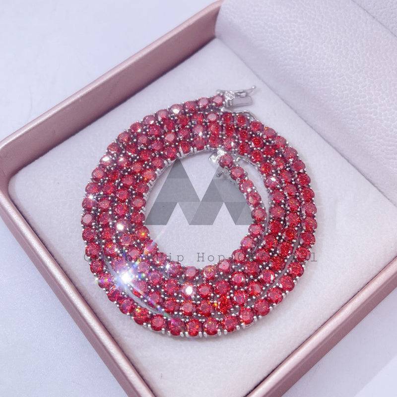 Hip hop red moissanite tennis chain 3mm 4mm sterling silver with white gold plating1