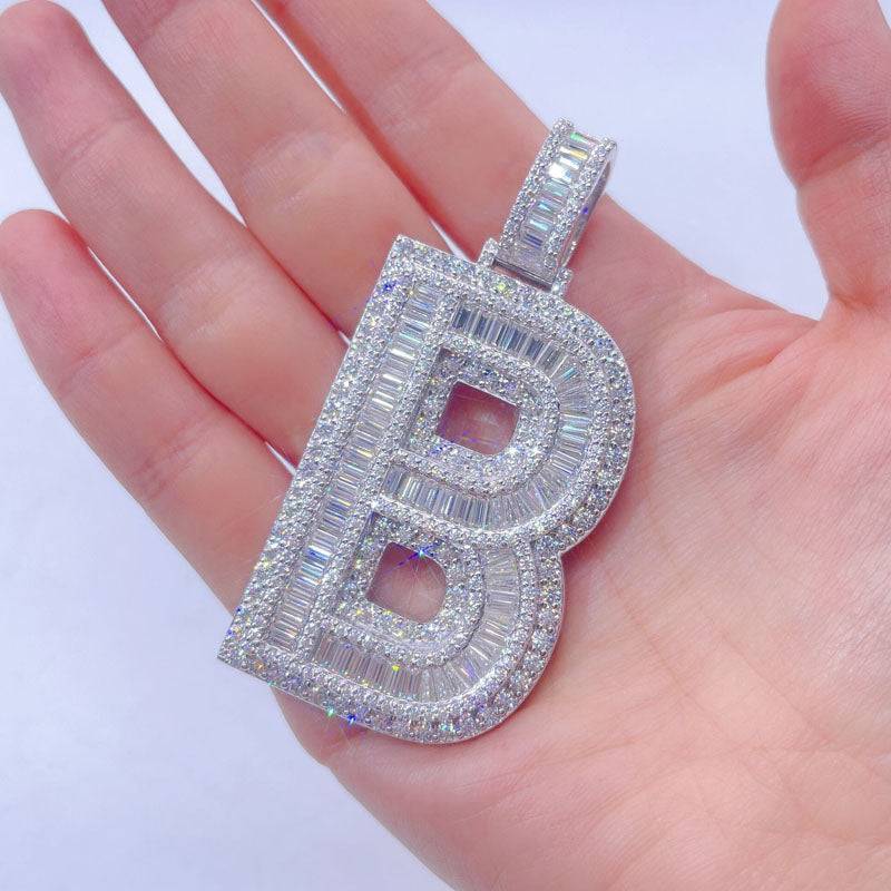 Capital Letter B Moissanite Pendant with Baguette VVS Moissanite and 8MM Cuban Link2