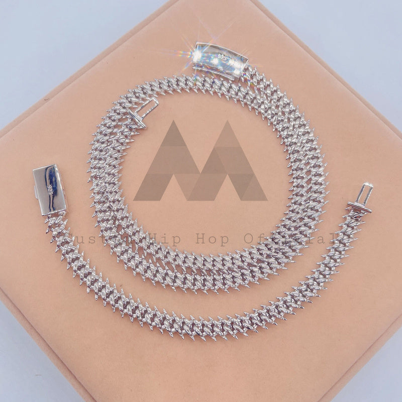 Iced Out Hip Hop Rapper Jewelry Pass Diamond Tester 10mm Wire Spike Cuban Link Chain Set VVS Moissanite 925 Silver