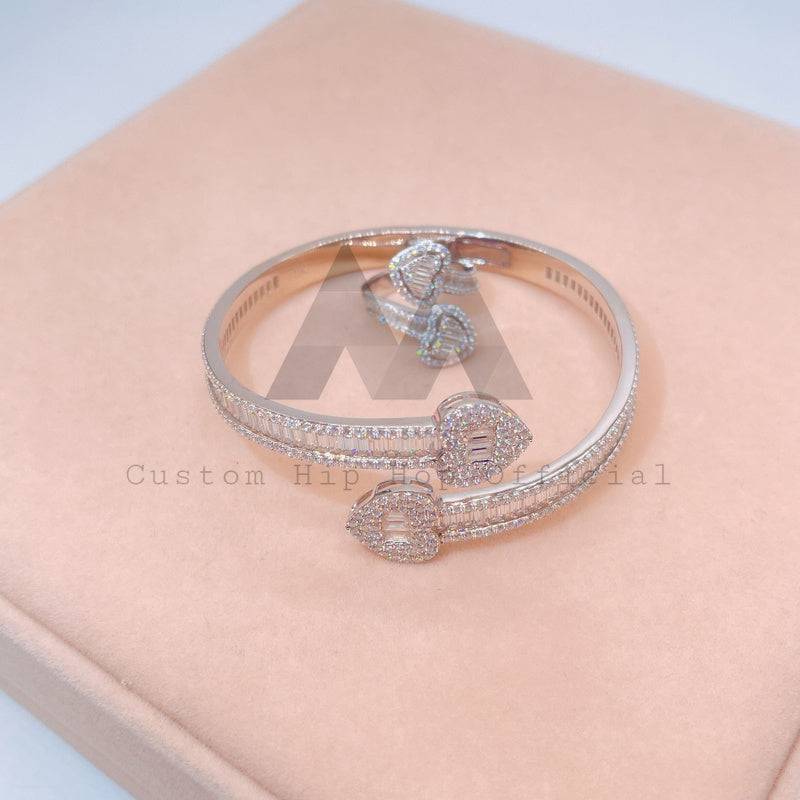 Hip hop jewelry featuring white gold color 925 silver baguette cut moissanite heart bangle bracelet1