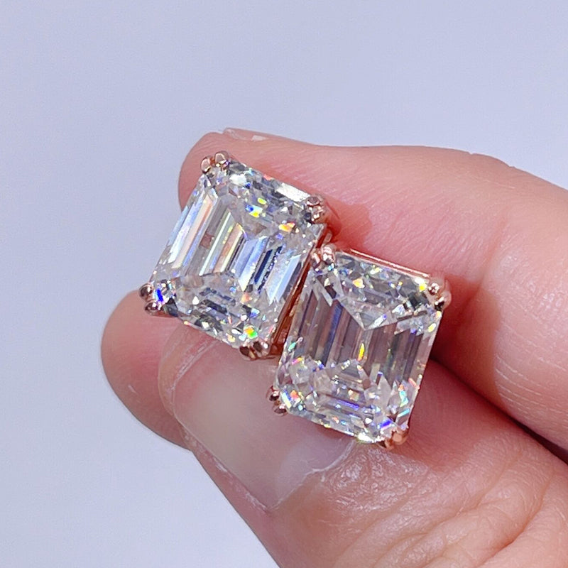 Rose Gold VVS Emerald Cut Moissanite Diamond Screw Back Stud Earrings
