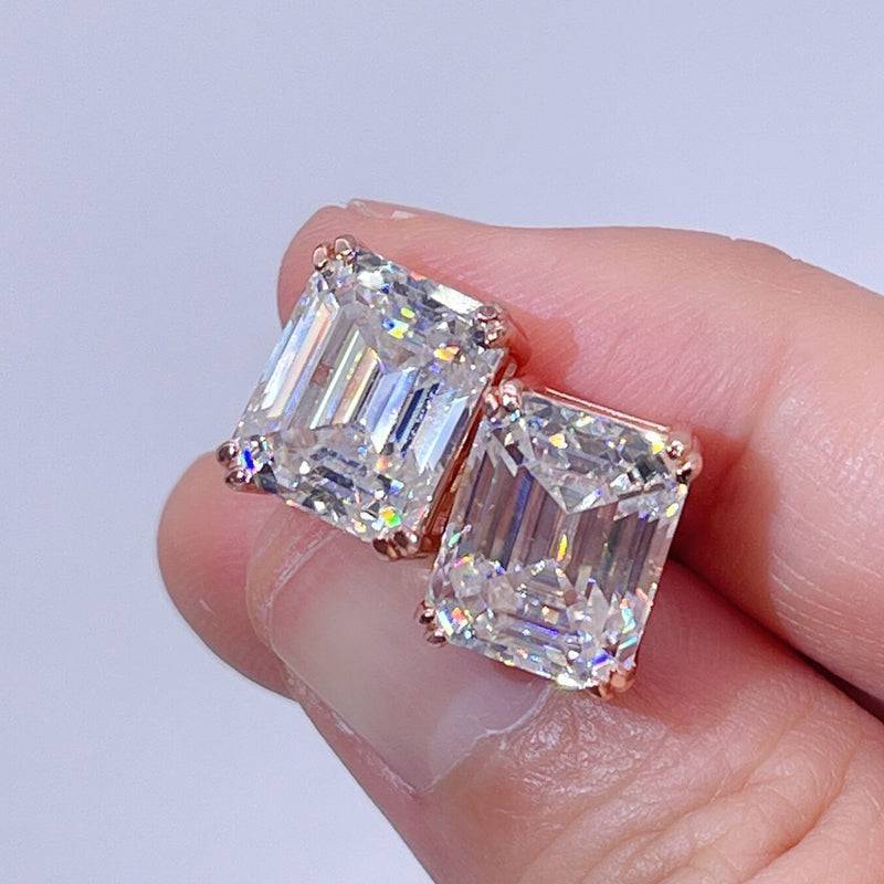 Rose Gold VVS Emerald Cut Moissanite Diamond Screw Back Stud Earrings Hip Hop Jewelry2