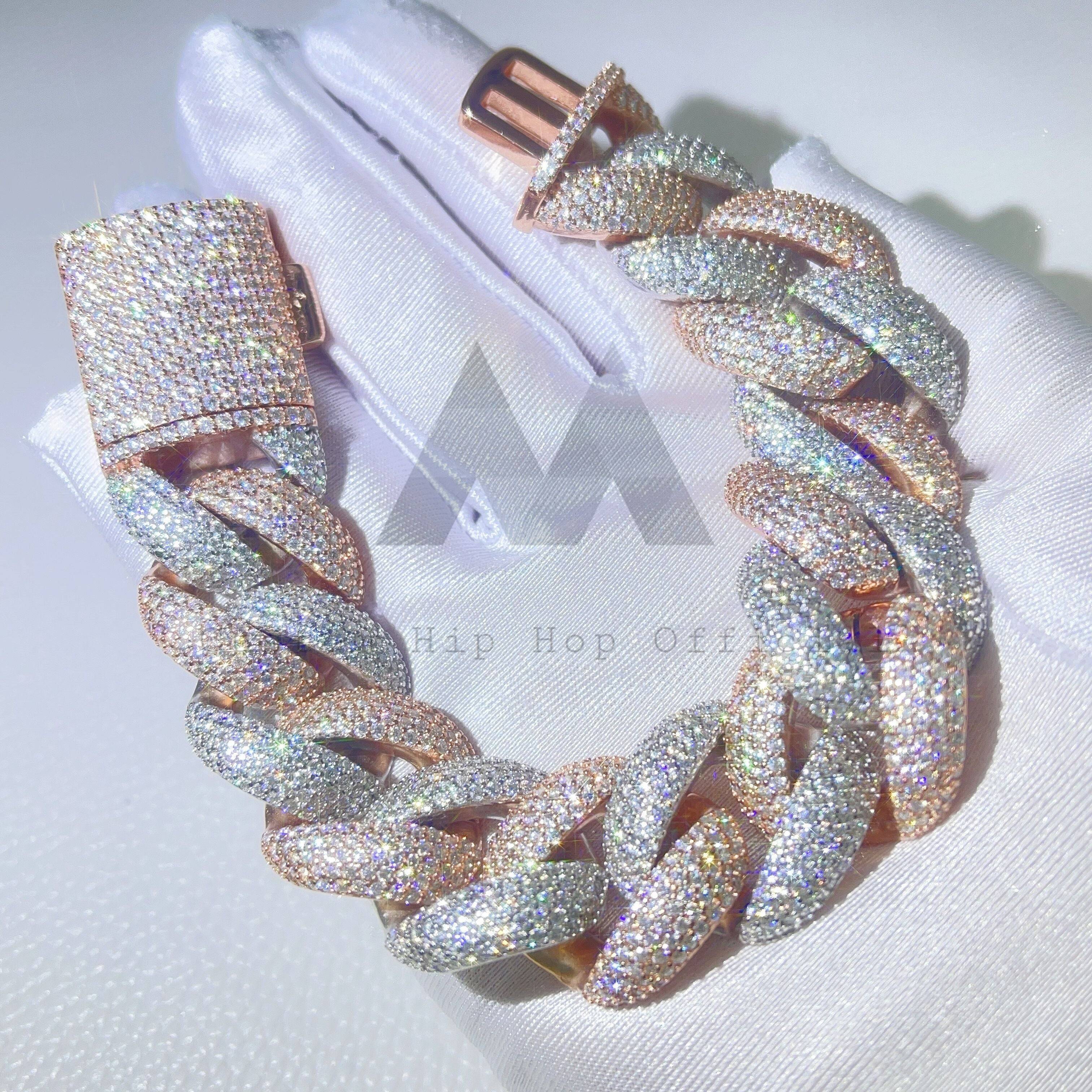 23MM Rose Gold Cuban Bracelet with diamonds on white cloth background