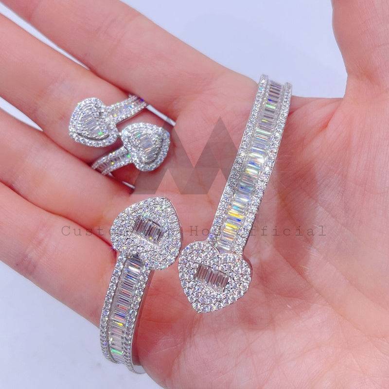 Hip hop jewelry featuring white gold color 925 silver baguette cut moissanite heart bangle bracelet2