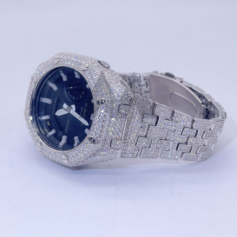 Black Face GA2100 Iced Out Watch with VVS Moissanite Silver Bezel and Band1