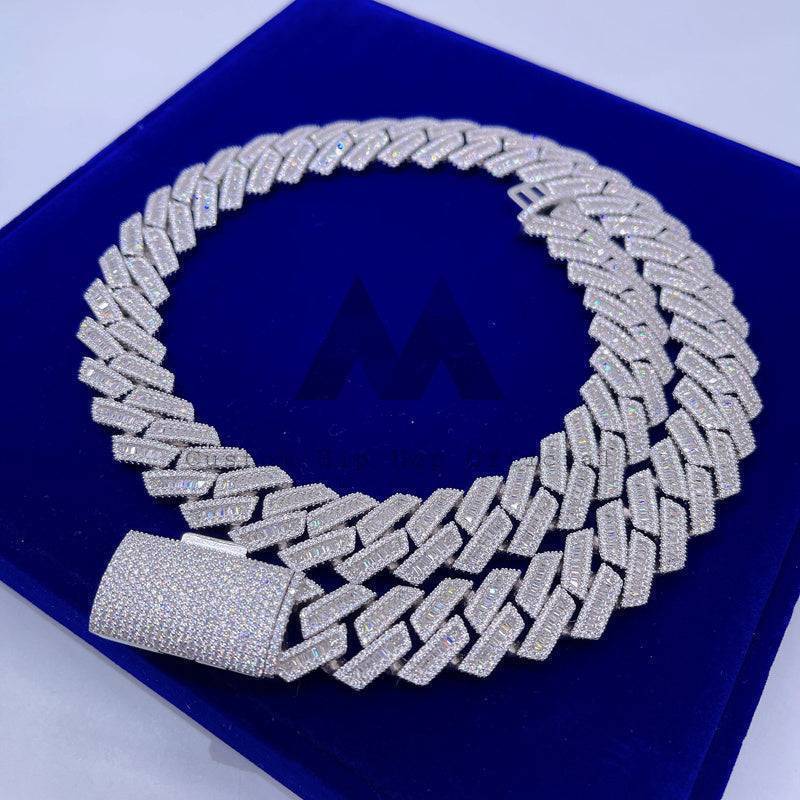 Hip hop jewelry featuring 18MM Iced Out Baguette Moissanite Cuban Chain