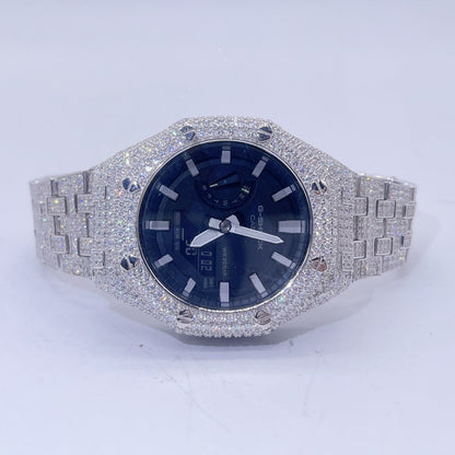 Black Face GA2100 Iced Out Watch with VVS Moissanite Silver Bezel and Band0