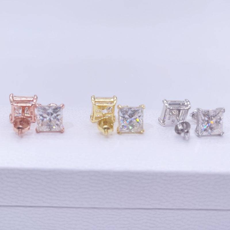 Hip Hop 14K Yellow Gold Solid 925 Silver VVS Moissanite Stud Earrings With Screw Back