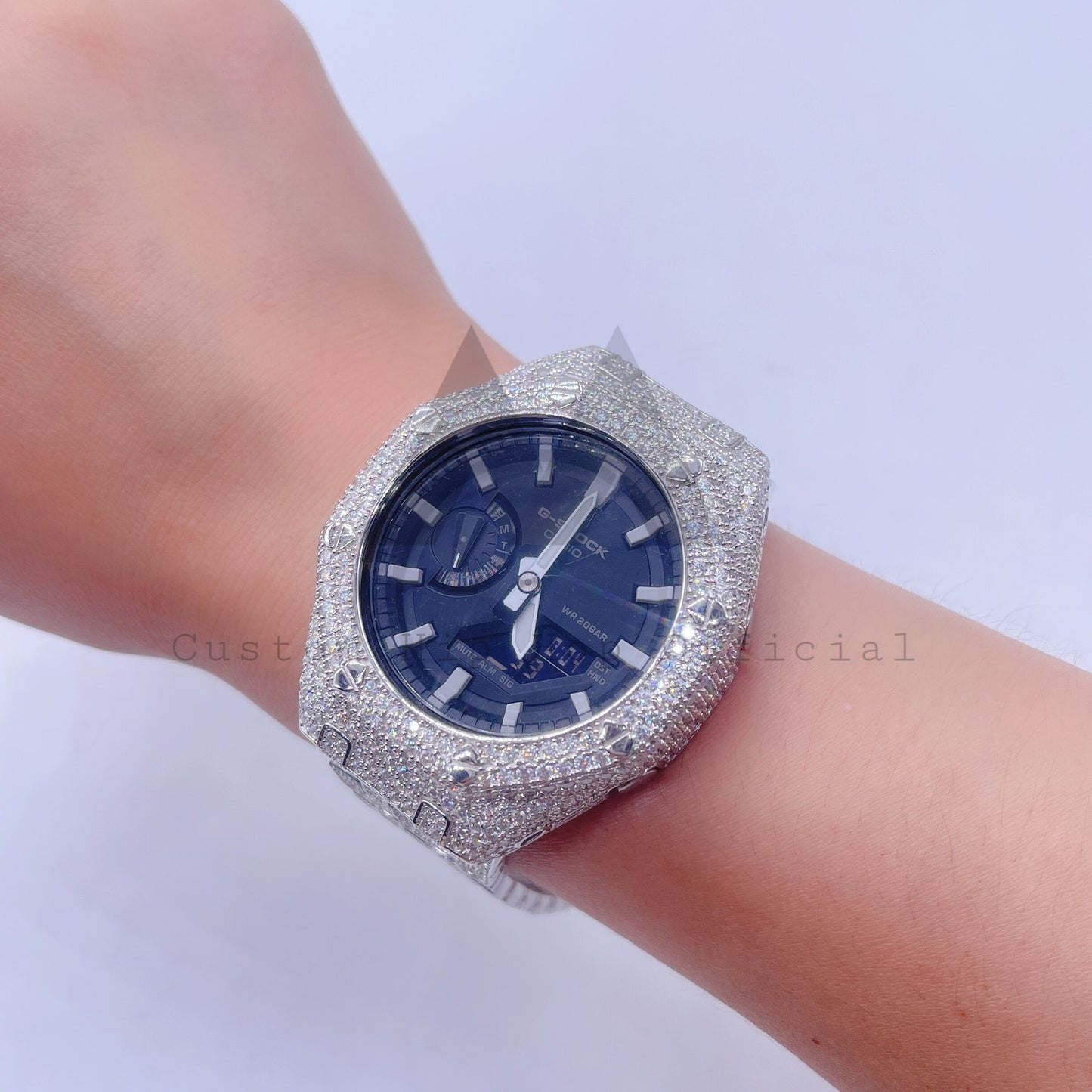 Black Face GA2100 Iced Out Watch with VVS Moissanite Silver Bezel and Band3