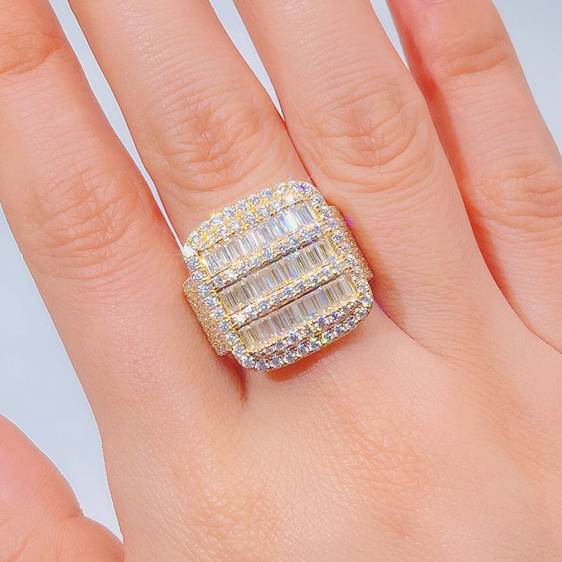 14K Gold Plating Over Solid 925 Baguette Cut Moissanite Diamond Cluster Hip Hop Iced Out Ring