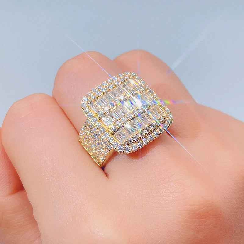 Banhado a ouro 14K sobre anel sólido de moissanite com corte baguette 925 e anel gelado de hip hop