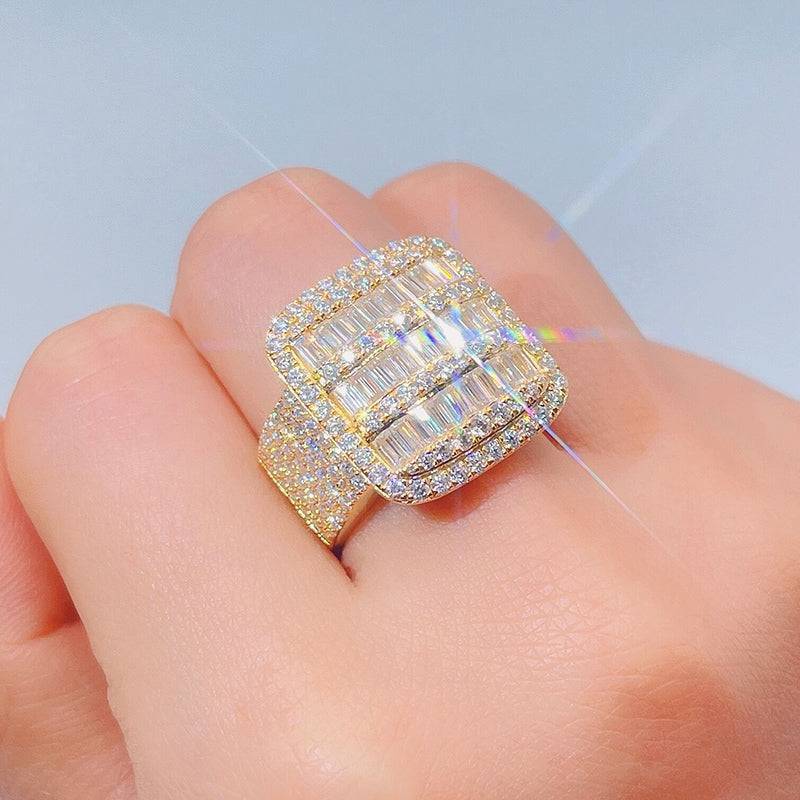 Banhado a ouro 14K sobre anel sólido de moissanite com corte baguette 925 e anel gelado de hip hop