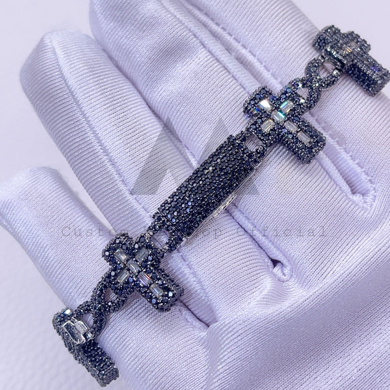 Hip hop jewelry featuring Cross Charm Infinity Link Cuban Bracelet with Black Gold Plating over Silver 9251