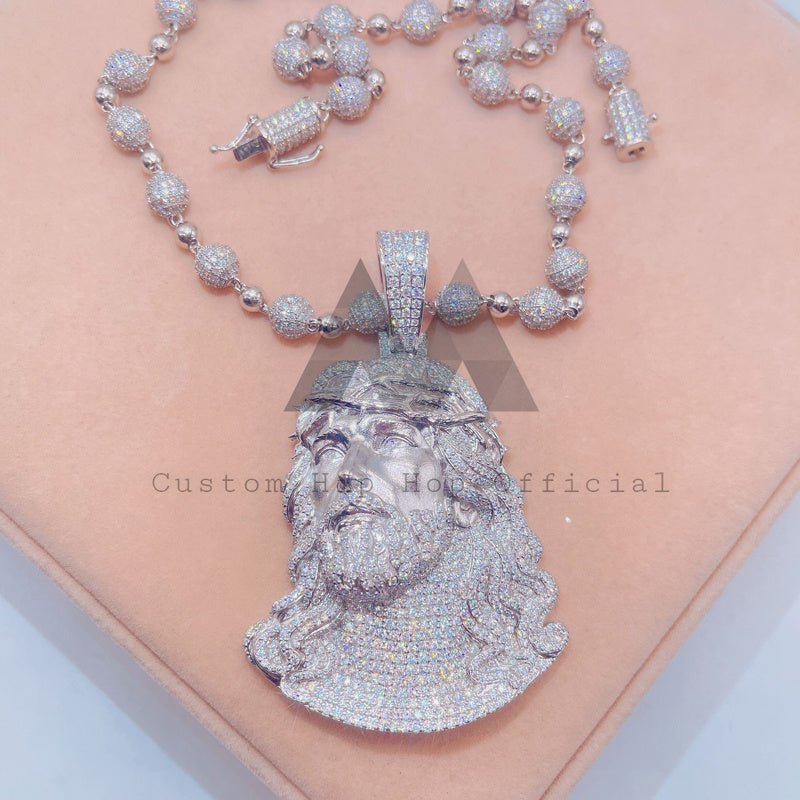 Corrente de rosário de bola congelada com pingente de Jesus VVS Moissanite diamante prata sólida