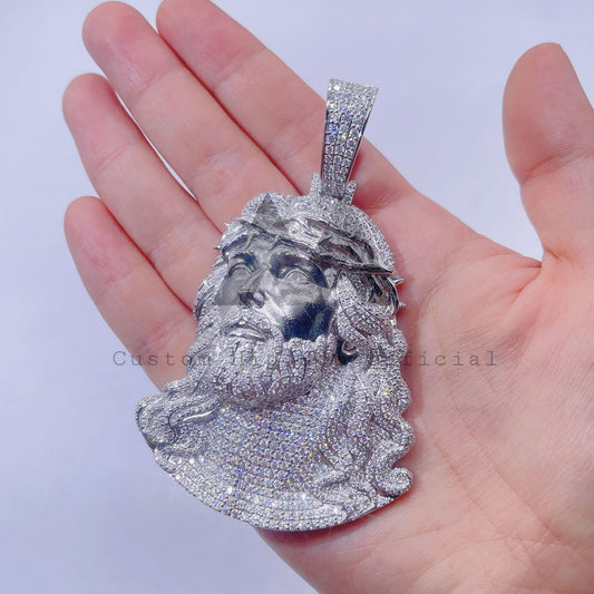 Corrente de rosário de bola congelada com pingente de Jesus VVS Moissanite diamante prata sólida