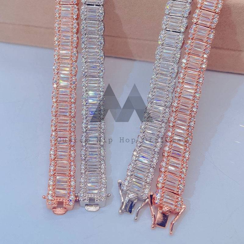 10mm Baguette Moissanite Tennis Chain Rose Gold Plated Over Silver 9252