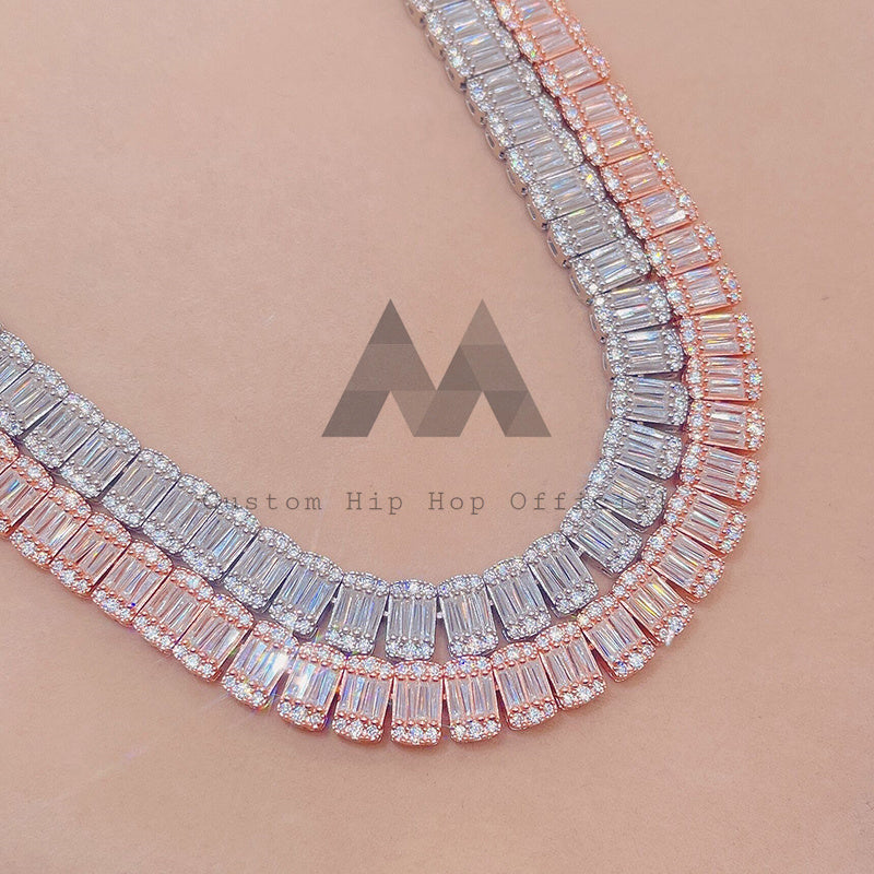 10mm Baguette Moissanite Tennis Chain Rose Gold Plated Over Silver 925