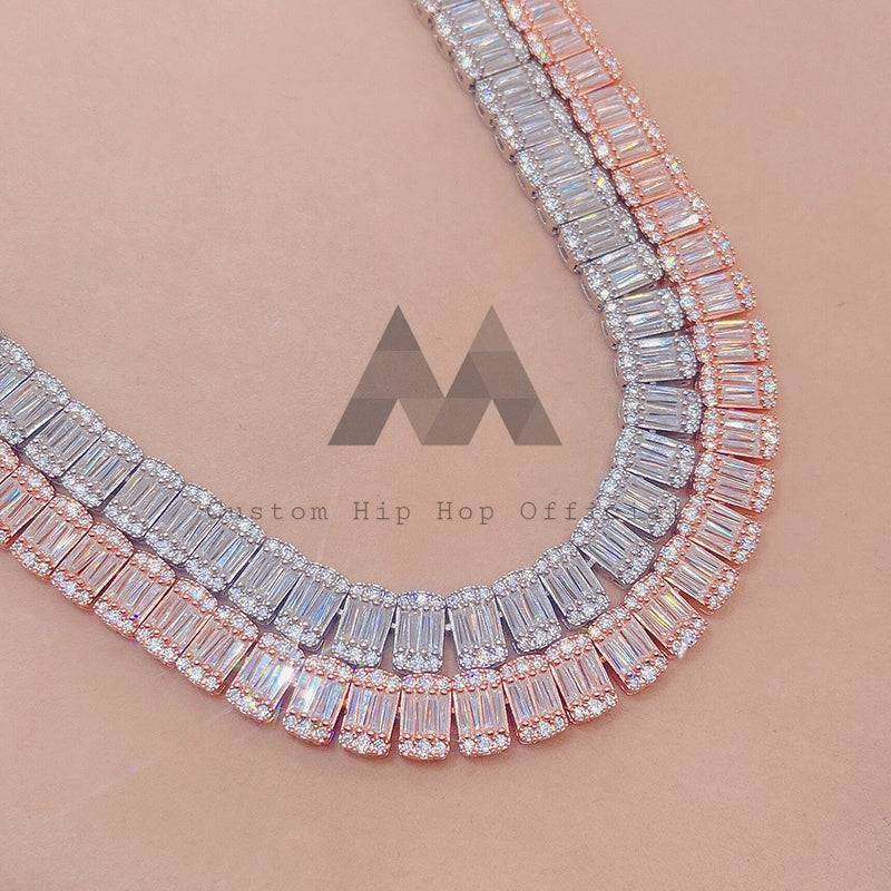 10mm Baguette Moissanite Tennis Chain Rose Gold Plated Over Silver 9250