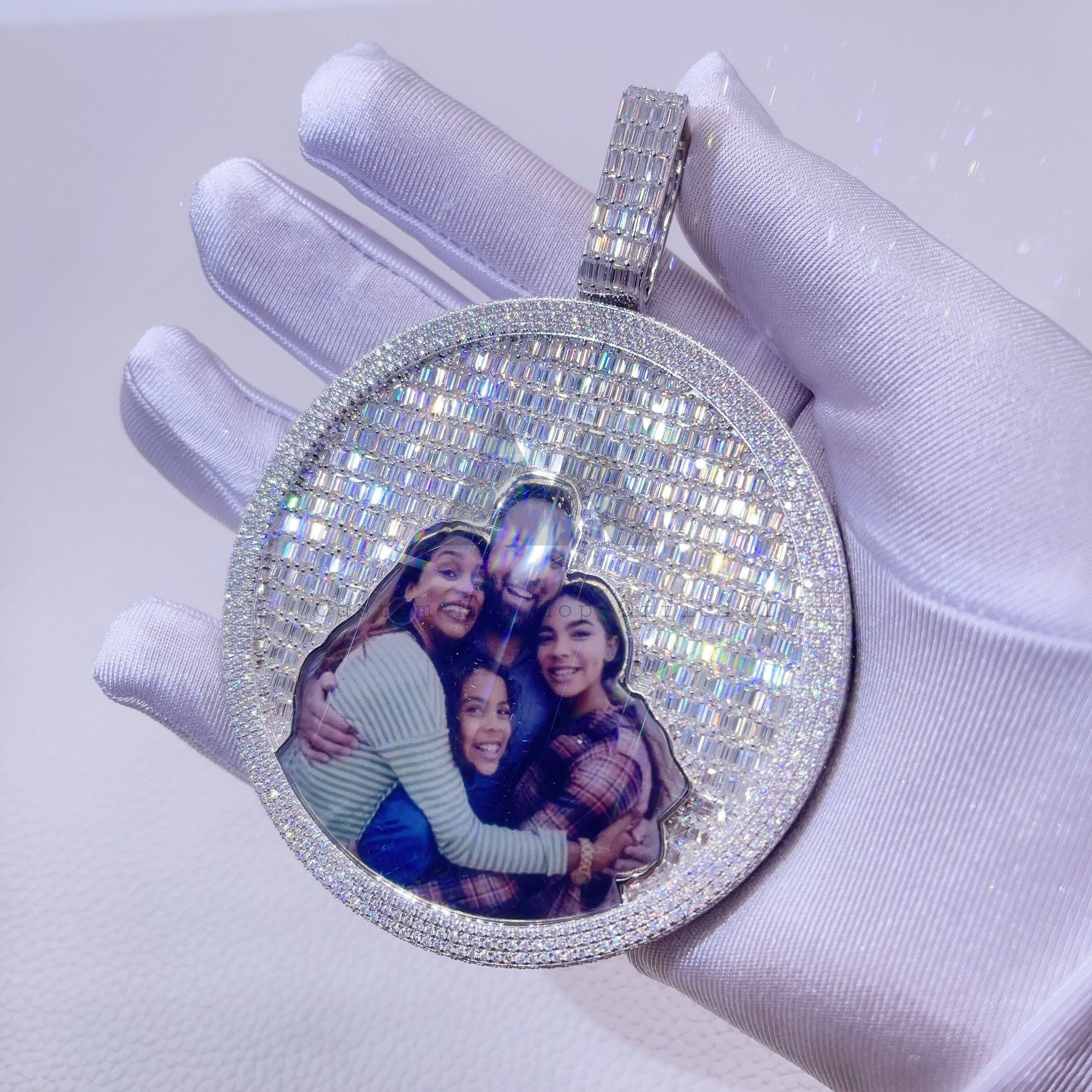 3 inch Double Sided Spinning Baguette Cut VVS Moissanite Custom Photo Pendant