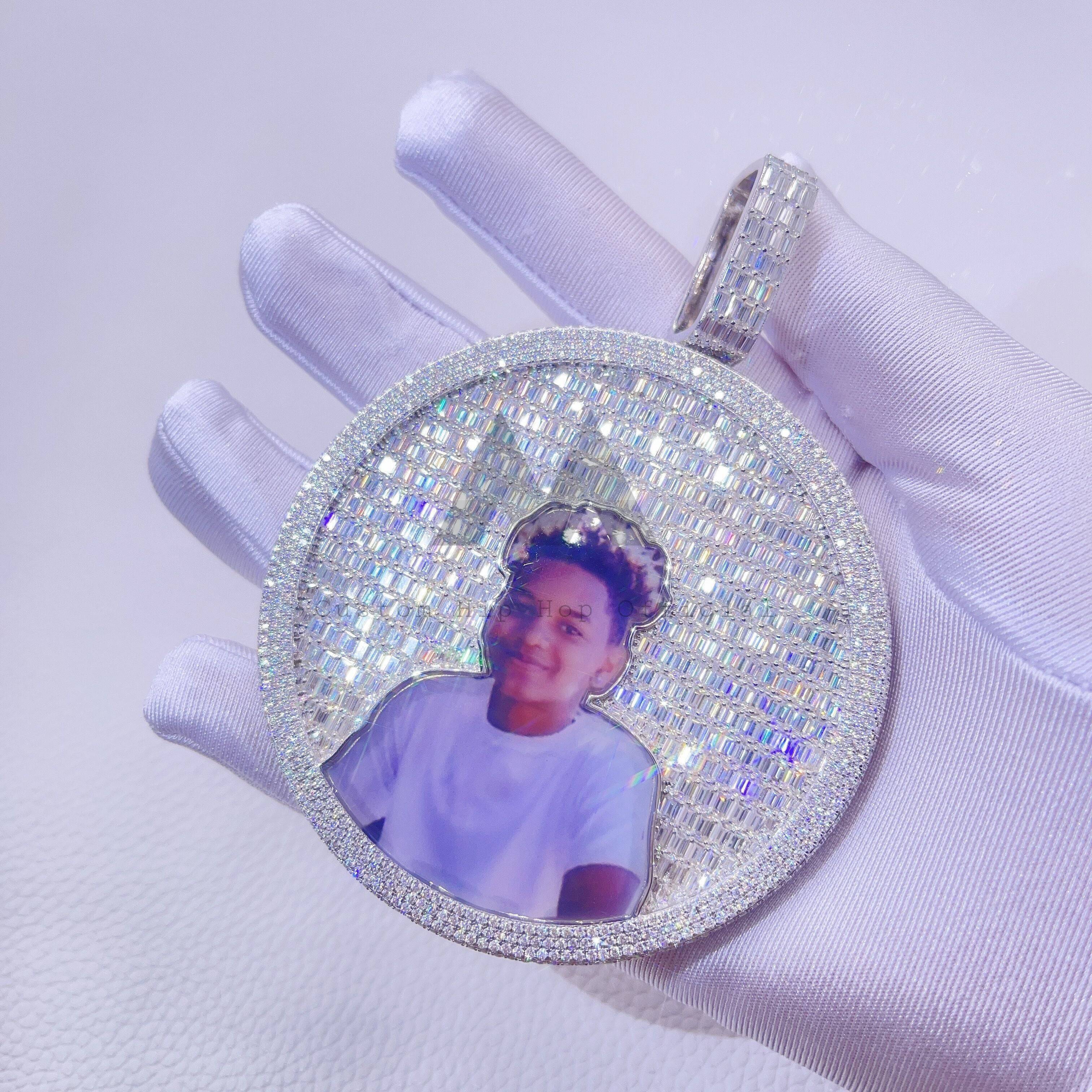 3 inch Double Sided Spinning Baguette Cut VVS Moissanite Custom Photo Pendant