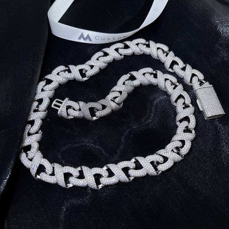 Luxurious Moissanite chain on velvet, featuring hip hop jewelry style and custom label