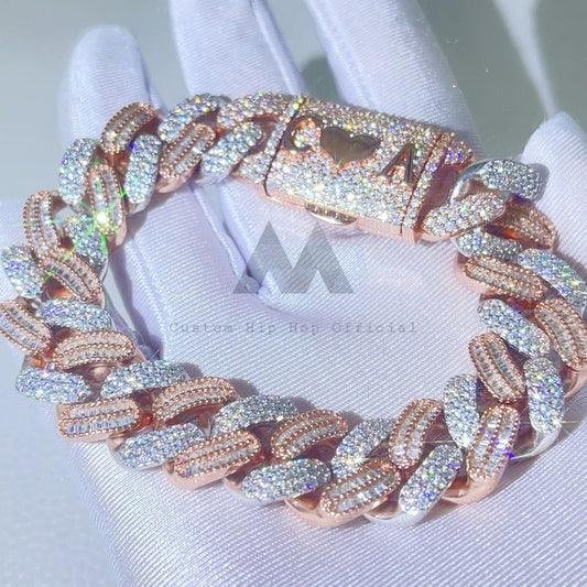 16MM Rose Gold Two Tone Baguette Mix Round Cut Moissanite Cuban Bracelet with Custom Clasp1
