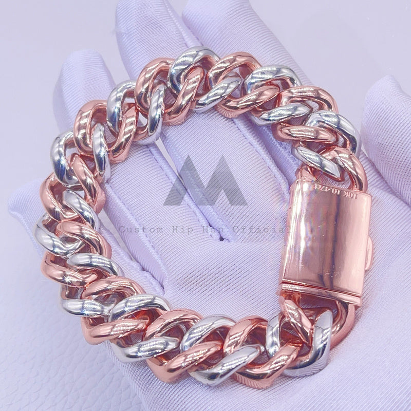 16MM Rose Gold Two Tone Baguette Mix Round Cut Moissanite Cuban Bracelet with Custom Clasp2