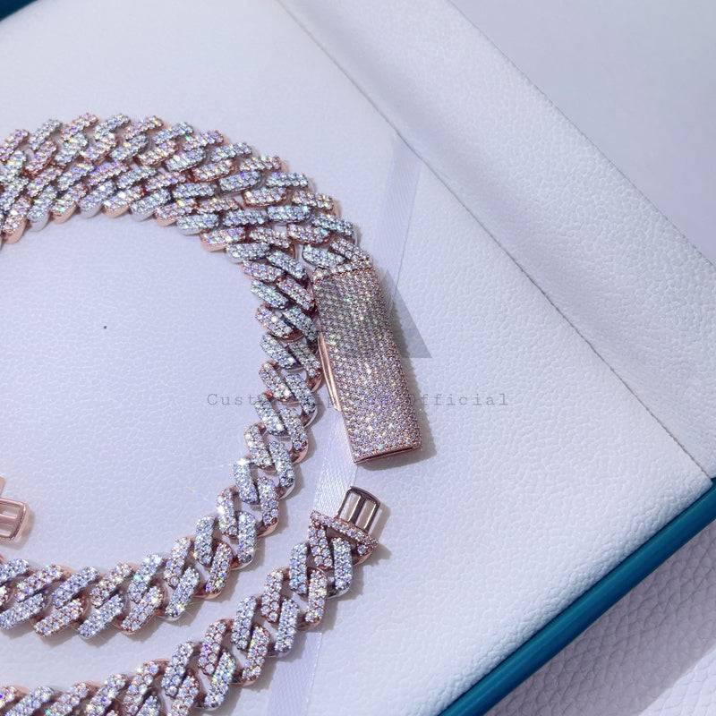 Corrente de elos cubanos de 13 mm com VVS Moissanite Iced Out Rose Gold 2 tons