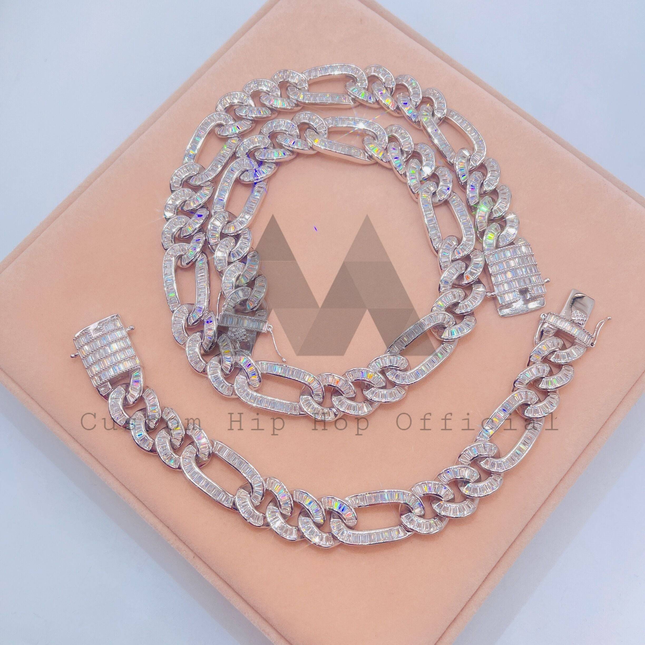 Hip hop jewelry featuring 15MM iced out Figaro chain with moissanite diamonds