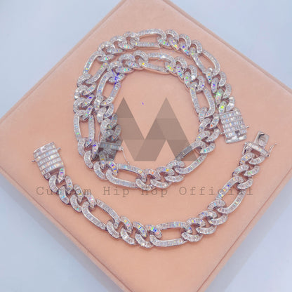 Hip Hop Iced Out Baguette Moissanite Diamond Iced Out Figaro Chain 15MM